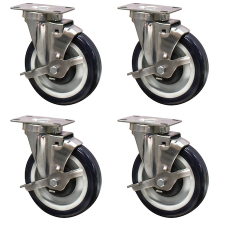 Bk Resources 5-inch Universal Stainless Steel Swivel Casters, Polyurethane Wheels, Brake, 300lb Capacity, 4PK 5SS-1PT-PLY-PS4